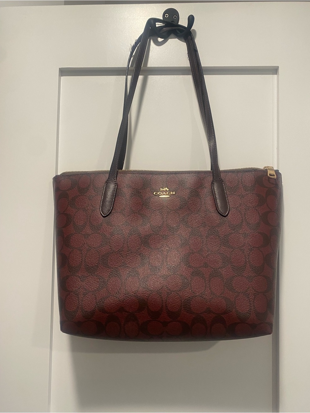 Coach Signature Tote in Burgundy and Deep Brown